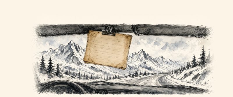 Blank paper medical card clipped to a truck sun visor, with a snowy mountain highway seen through the windshield