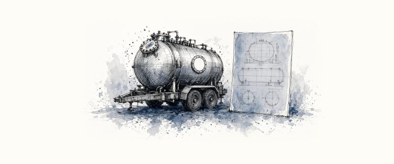 Ink sketch of a round pressure-vessel tank trailer beside a blank engineering blueprint