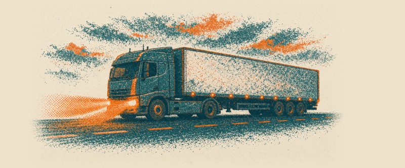 Risograph tractor-trailer driving at night with orange headlight beams spreading across the road